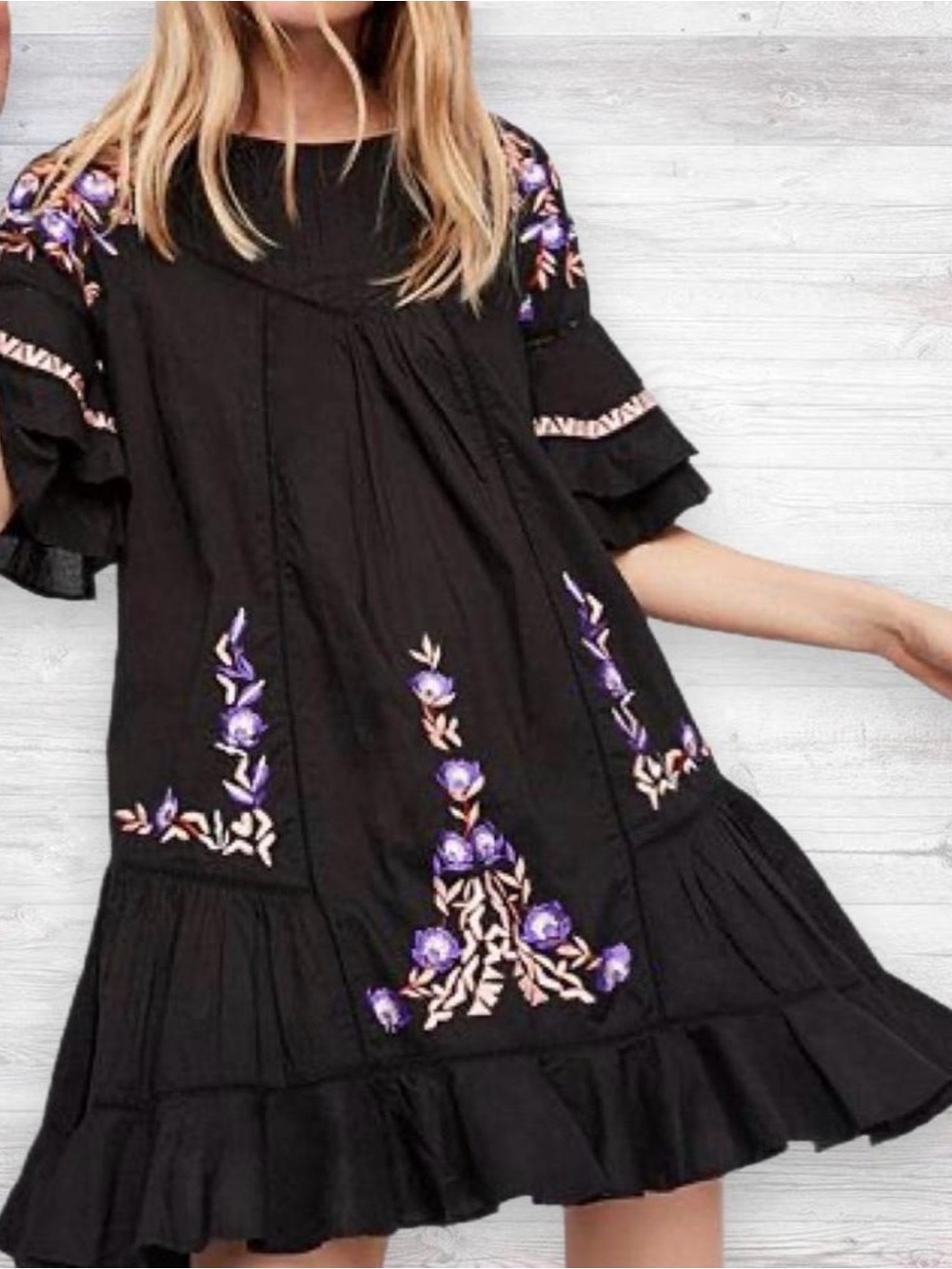 Free People Black Mini Dress with Purple Floral Embroidery